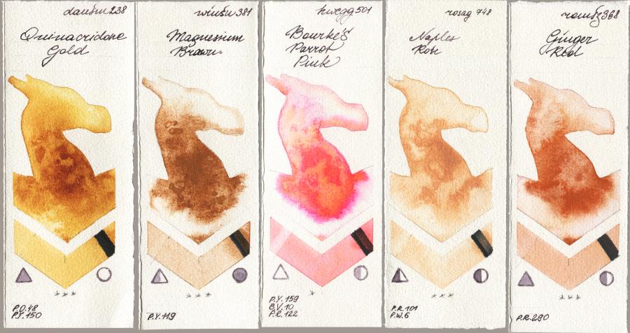 Daniel Smith 238 Quinacridone Gold vs Winsor & Newton Professional 381 Magnesuim Brown vs Holbein Artists Watercolor 501 Bourkes Parrot Pink vs Rosa Gallery 748 Naples Rose vs Roman Szmal Aquarius 368 Genger Red watercolor swatch