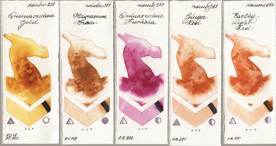 Daniel Smith 238 Quinacridone Gold vs Winsor & Newton Professional 381 Magnesuim Brown vs Roman Szmal Aquarius 358 Quinacridone Fuchsia vs 368 Genger Red vs 254 Earthy Light Red watercolor swatch