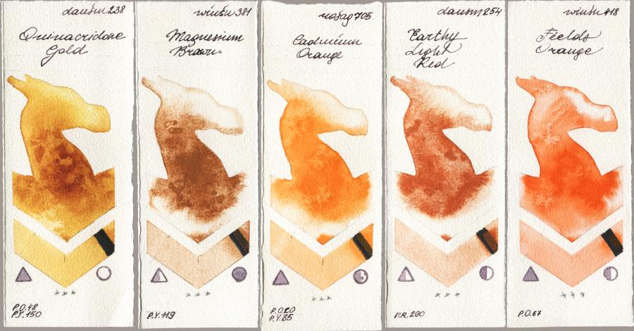 Daniel Smith 238 Quinacridone Gold vs Winsor & Newton Professional 381 Magnesuim Brown vs Rosa Gallery 705 Cadmium Orange vs 254 Earthy Light Red vs 418 Fields Orange watercolor swatch