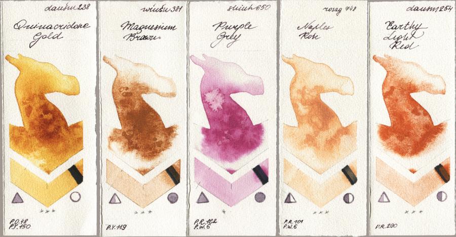 Daniel Smith 238 Quinacridone Gold vs Winsor & Newton Professional 381 Magnesuim Brown vs Shinhan PWC 650 Purple Grey vs Rosa Gallery 748 Naples Rose vs 254 Earthy Light Red watercolor swatch