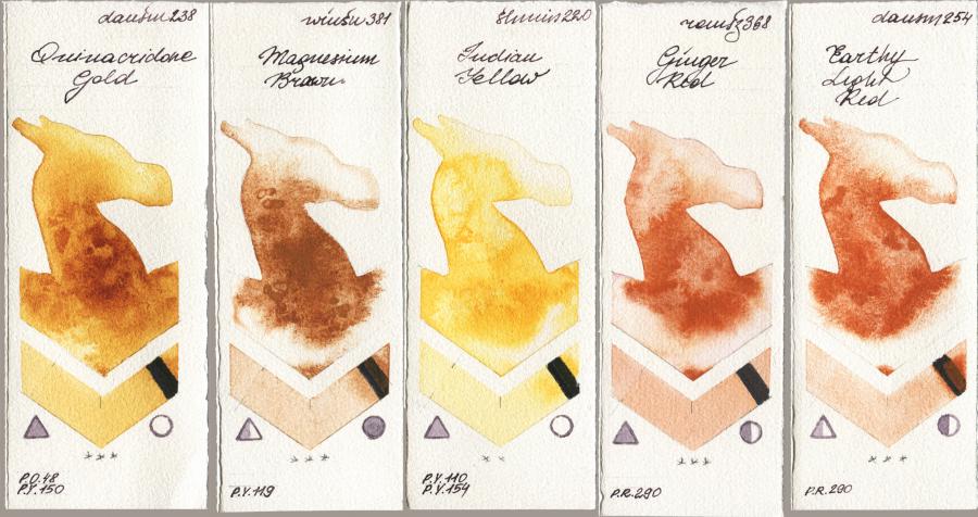 Daniel Smith 238 Quinacridone Gold vs Winsor & Newton Professional 381 Magnesuim Brown vs Shminke Horadam Aquarell 220 Indian Yellow vs Roman Szmal Aquarius 368 Genger Red vs 254 Earthy Light Red watercolor swatch