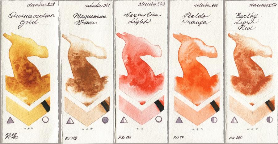 Daniel Smith 238 Quinacridone Gold vs Winsor & Newton Professional 381 Magnesuim Brown vs Shminke Horadam Aquarell 342 Vermilion Light vs 418 Fields Orange vs 254 Earthy Light Red watercolor swatch