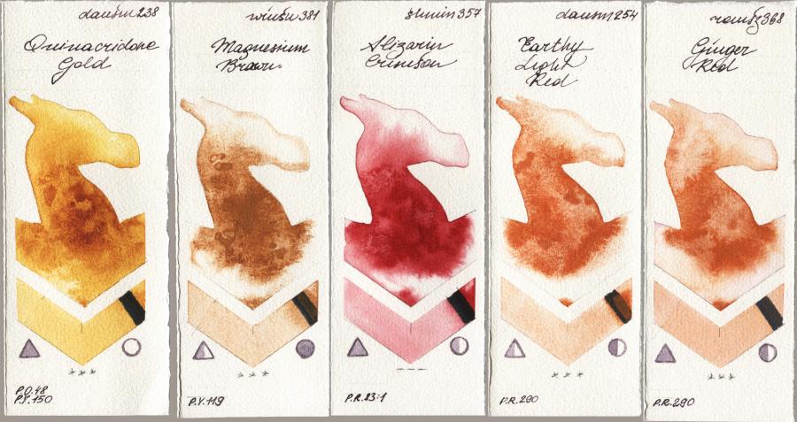 Daniel Smith 238 Quinacridone Gold vs Winsor & Newton Professional 381 Magnesuim Brown vs Shminke Horadam Aquarell 357 Alizarin Crimson vs 254 Earthy Light Red vs Roman Szmal Aquarius 368 Genger Red watercolor swatch