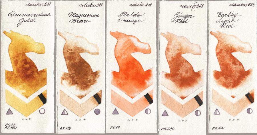 Daniel Smith 238 Quinacridone Gold vs Winsor & Newton Professional 381 Magnesuim Brown vs 418 Fields Orange vs Roman Szmal Aquarius 368 Genger Red vs 254 Earthy Light Red watercolor swatch