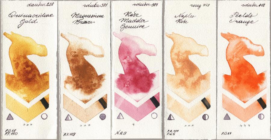 Daniel Smith 238 Quinacridone Gold vs Winsor & Newton Professional 381 Magnesuim Brown vs 587 Rose Madder Genuine vs Rosa Gallery 748 Naples Rose vs 418 Fields Orange watercolor swatch