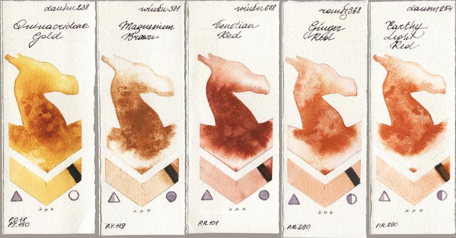 Daniel Smith 238 Quinacridone Gold vs Winsor & Newton Professional 381 Magnesuim Brown vs 678 Venetian Red vs Roman Szmal Aquarius 368 Genger Red vs 254 Earthy Light Red watercolor swatch