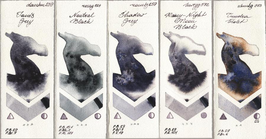 Daniel Smith 239 Janes Grey vs Rosa Gallery 724 Neutral Black vs Roman Szmal Aquarius 259 Shadow Grey vs Holbein Artists Watercolor 572 Rainy-Night Moon Back vs Shminke Horadam Aquarell 983 Tundra Violet watercolor swatch