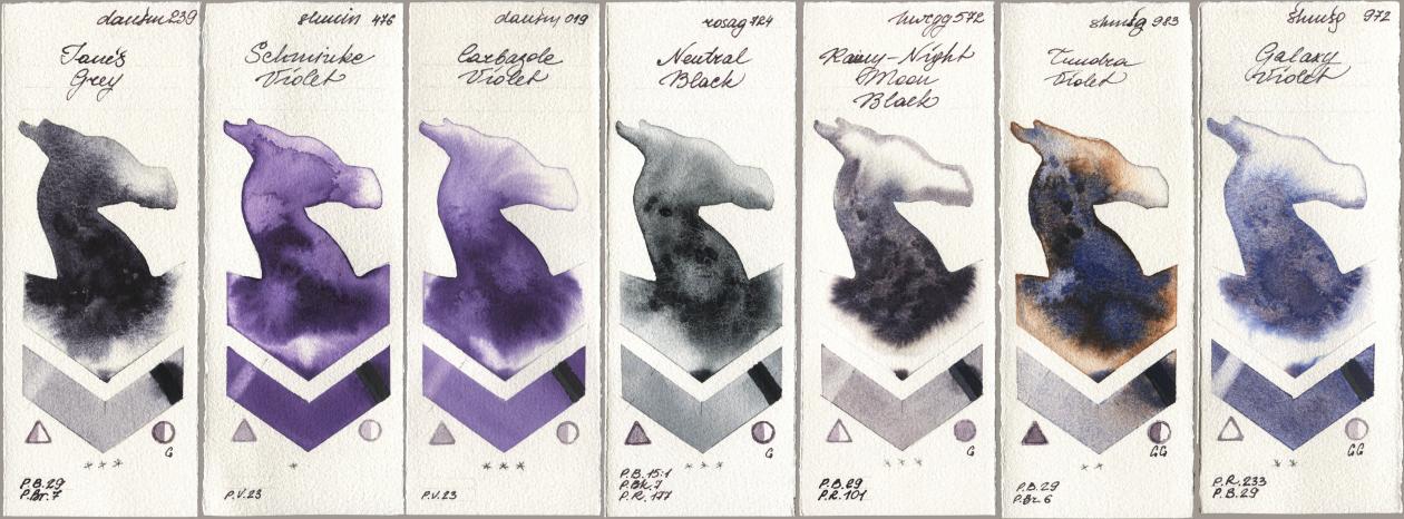 Daniel Smith 239 Janes Grey, Shminke Horadam Aquarell 476 Schmincke Violet, 019 Carbazole Violet, Rosa Gallery 724 Neutral Black, Holbein Artists Watercolor 572 Rainy-Night Moon Back, 983 Tundra Violet, 972 Galaxy Viol watercolor swatch