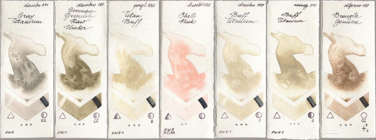 Daniel Smith 241 Gray Titanium, 121 German Greenish Raw Umber, Golden QOR 430 Titan Buff, Holbein Artists Watercolor 026 Shell Pink, 009 Buff Titanium, Roman Szmal Aquarius 201 Buff Titanium, 199 Bronzite Genui watercolor swatch