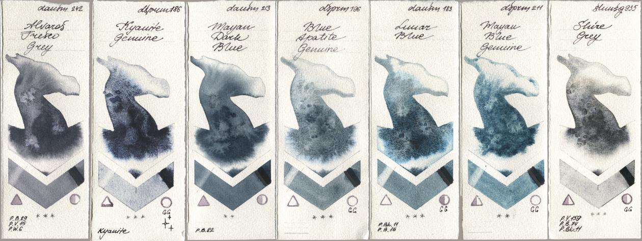 Daniel Smith 242 Alvaros Fresco Grey, 186 Kyanite Genuine, 213 Mayan Dark Blue, 196 Blue Apatite Genuine, 183 Lunar Blue, 211 Mayan Blue Genuine, Shminke Horadam Aquarell 935 Shire Gr watercolor swatch