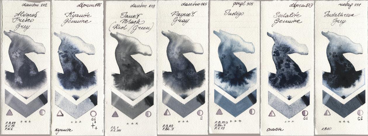 Daniel Smith 242 Alvaros Fresco Grey, 186 Kyanite Genuine, 249 Janes Black (Red/Green), 065 Paynes Gray, Golden QOR 305 Indigo, 179 Sodalite Genuine, Rosa Gallery 778 Indanthrene Gr watercolor swatch