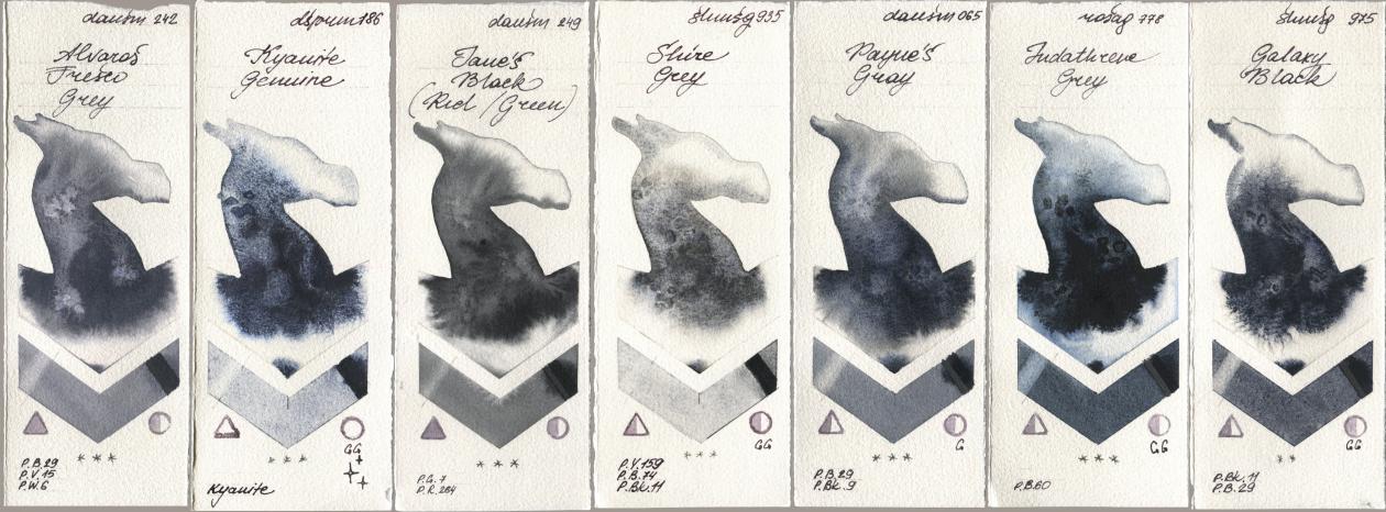 Daniel Smith 242 Alvaros Fresco Grey, 186 Kyanite Genuine, 249 Janes Black (Red/Green), Shminke Horadam Aquarell 935 Shire Grey, 065 Paynes Gray, Rosa Gallery 778 Indanthrene Grey, 975 Galaxy Bla watercolor swatch