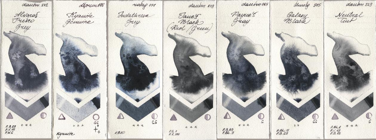 Daniel Smith 242 Alvaros Fresco Grey, 186 Kyanite Genuine, Rosa Gallery 778 Indanthrene Grey, 249 Janes Black (Red/Green), 065 Paynes Gray, Shminke Horadam Aquarell 975 Galaxy Black, 229 Neutral Ti watercolor swatch