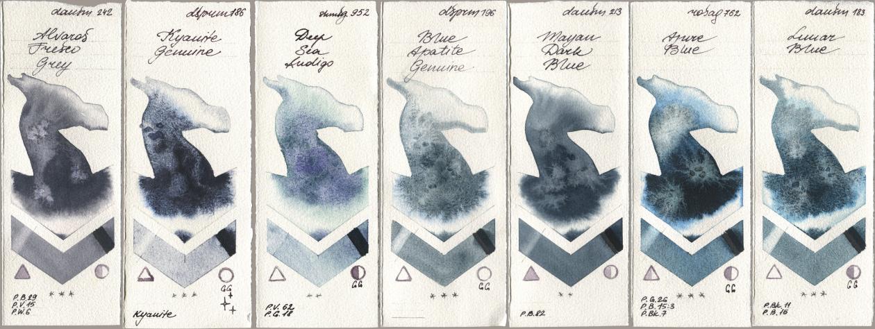 Daniel Smith 242 Alvaros Fresco Grey, 186 Kyanite Genuine, Shminke Horadam Aquarell 952 Deep Sea Indigo, 196 Blue Apatite Genuine, 213 Mayan Dark Blue, Rosa Gallery 762 Azure Blue, 183 Lunar Bl watercolor swatch