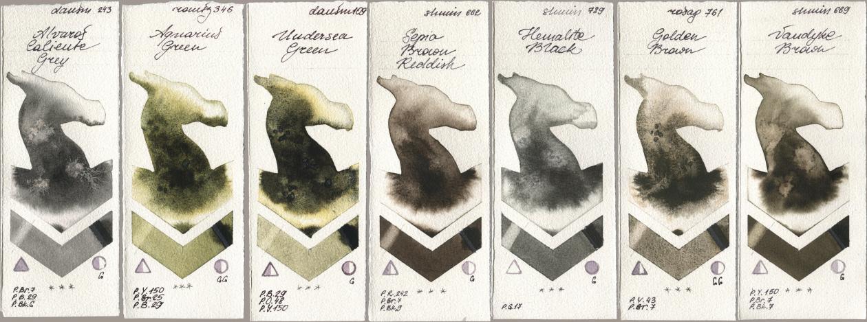 Daniel Smith 243 Alvaros Caliente Grey, Roman Szmal Aquarius 346 Aquarius Green, 109 Undersea Green, Shminke Horadam Aquarell 662 Sepia Brown Reddish, 789 Hematite Black, Rosa Gallery 761 Golden Brown, 669 Vandyke Bro watercolor swatch