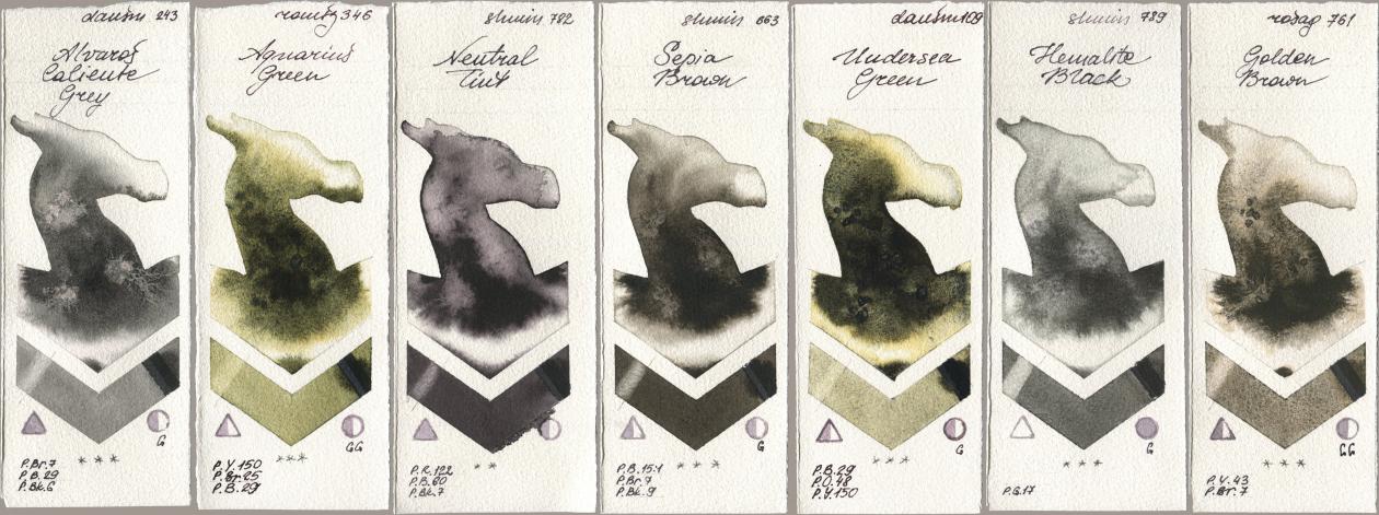 Daniel Smith 243 Alvaros Caliente Grey, Roman Szmal Aquarius 346 Aquarius Green, Shminke Horadam Aquarell 782 Neutral Tint, 663 Sepia Brown, 109 Undersea Green, 789 Hematite Black, Rosa Gallery 761 Golden Bro watercolor swatch