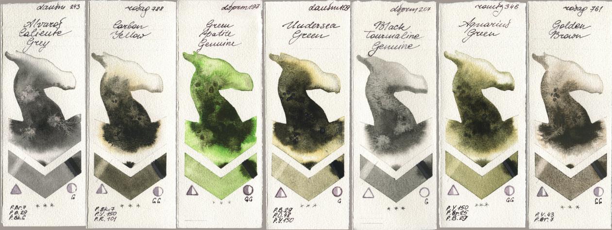 Daniel Smith 243 Alvaros Caliente Grey, Rosa Gallery 788 Carbon Yellow, 197 Green Apatite Genuine, 109 Undersea Green, 207 Black Tourmaline Genuine, Roman Szmal Aquarius 346 Aquarius Green, 761 Golden Bro watercolor swatch