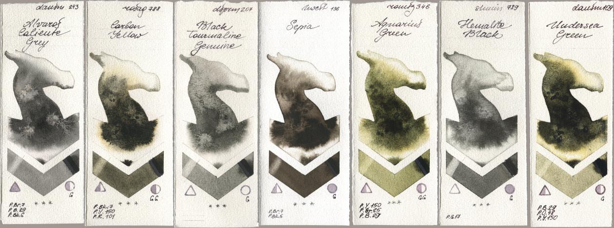 Daniel Smith 243 Alvaros Caliente Grey, Rosa Gallery 788 Carbon Yellow, 207 Black Tourmaline Genuine, Holbein Artists Watercolor 136 Sepia, Roman Szmal Aquarius 346 Aquarius Green, Shminke Horadam Aquarell 789 Hematite Black, 109 Undersea Gre watercolor swatch