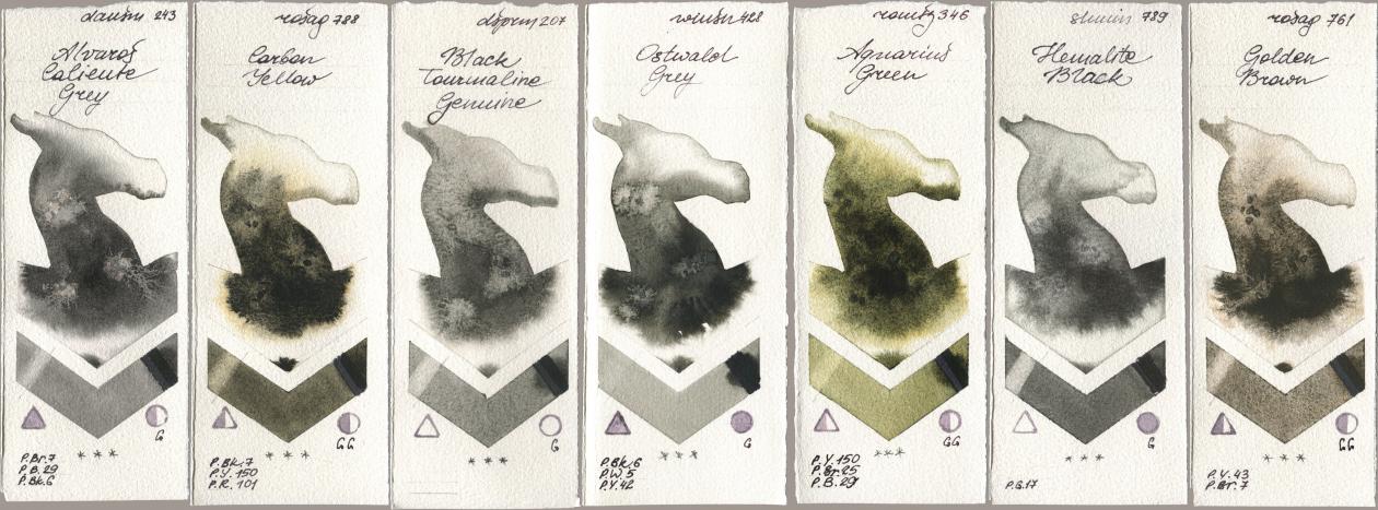 Daniel Smith 243 Alvaros Caliente Grey, Rosa Gallery 788 Carbon Yellow, 207 Black Tourmaline Genuine, Winsor & Newton Professional 428 Ostwald Grey, Roman Szmal Aquarius 346 Aquarius Green, Shminke Horadam Aquarell 789 Hematite Black, 761 Golden Bro watercolor swatch