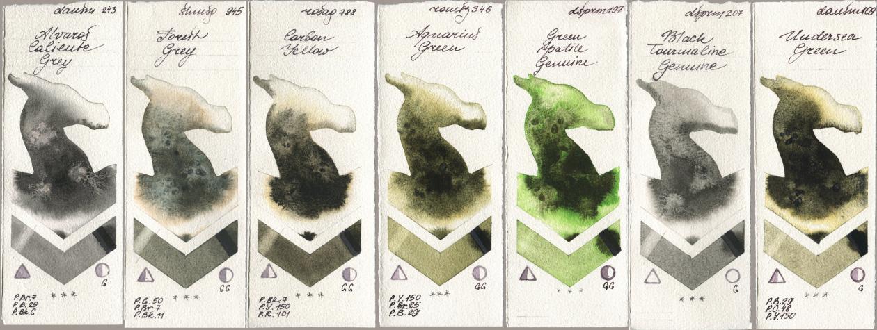 Daniel Smith 243 Alvaros Caliente Grey, Shminke Horadam Aquarell 945 Forest Grey, Rosa Gallery 788 Carbon Yellow, Roman Szmal Aquarius 346 Aquarius Green, 197 Green Apatite Genuine, 207 Black Tourmaline Genuine, 109 Undersea Gre watercolor swatch