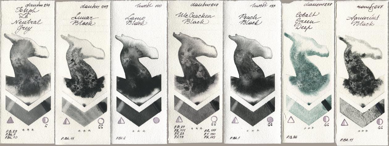 Daniel Smith 244 Joseph Zs Neutral Grey, 049 Lunar Black, Holbein Artists Watercolor 140 Lamp Black, 248 McCracken Black, 137 Peach Black, 258 Cobalt Green Deep, Roman Szmal Aquarius 247 Aquarius Bla watercolor swatch