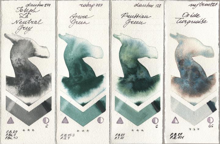 Daniel Smith 244 Joseph Zs Neutral Grey, Rosa Gallery 767 Azure Green, 128 Prussian Green, Mijello Mission Gold 827 Oxide Turquoi watercolor swatch