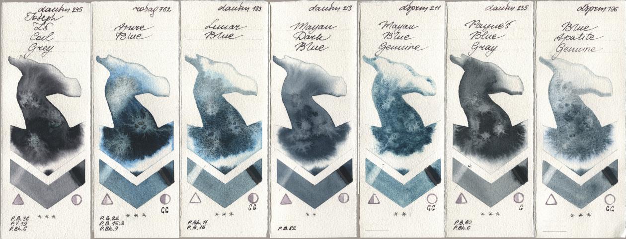 Daniel Smith 245 Joseph Zs Cool Grey, Rosa Gallery 762 Azure Blue, 183 Lunar Blue, 213 Mayan Dark Blue, 211 Mayan Blue Genuine, 235 Paynes Blue Gray, 196 Blue Apatite Genui watercolor swatch