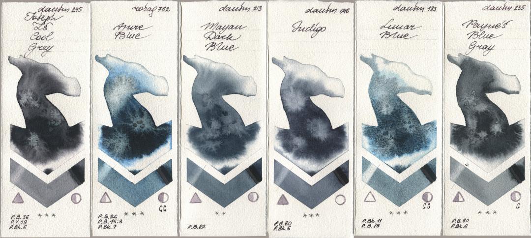 Daniel Smith 245 Joseph Zs Cool Grey, Rosa Gallery 762 Azure Blue, 213 Mayan Dark Blue, 046 Indigo, 183 Lunar Blue, 235 Paynes Blue Gr watercolor swatch