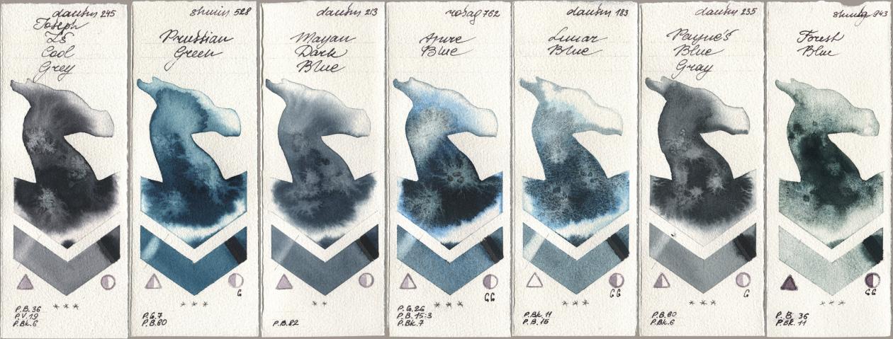 Daniel Smith 245 Joseph Zs Cool Grey, Shminke Horadam Aquarell 528 Prussian Green, 213 Mayan Dark Blue, Rosa Gallery 762 Azure Blue, 183 Lunar Blue, 235 Paynes Blue Gray, 943 Forest Bl watercolor swatch