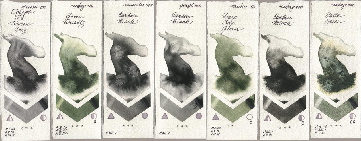 Daniel Smith 246 Joseph Zs Warm Grey, Rosa Gallery 786 Green Quartz, Maimeri Blu 537 Carbon Black, Golden QOR 500 Carbon Black, 175 Deep Sap Green, 770 Carbon Black, 766 Jade Gre watercolor swatch