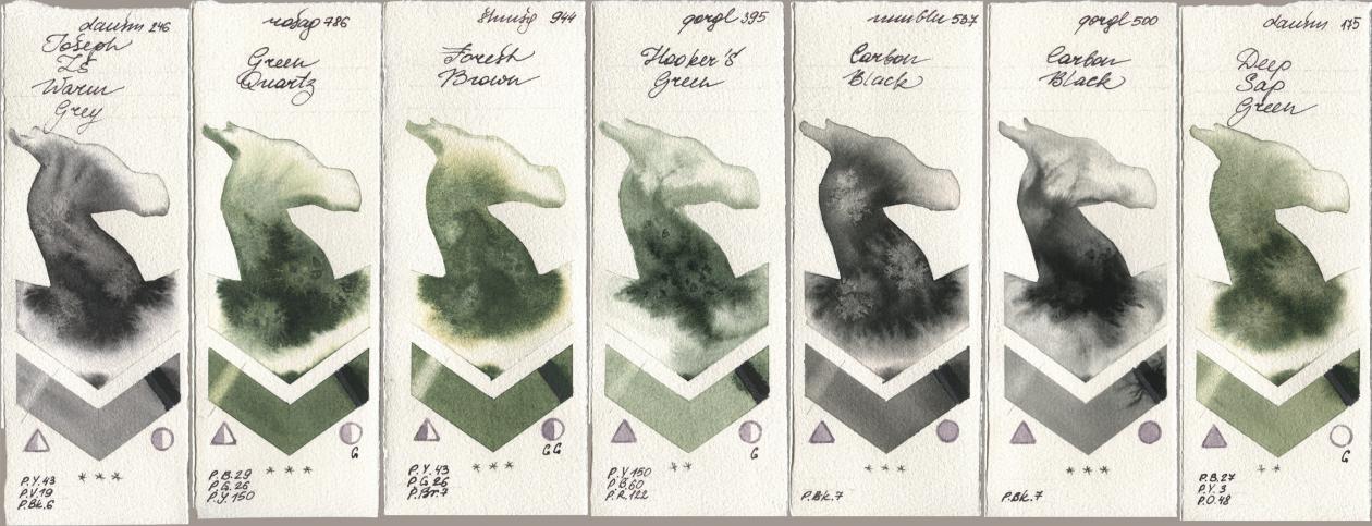 Daniel Smith 246 Joseph Zs Warm Grey, Rosa Gallery 786 Green Quartz, Shminke Horadam Aquarell 944 Forest Brown, Golden QOR 395 Hookers Green, Maimeri Blu 537 Carbon Black, 500 Carbon Black, 175 Deep Sap Gre watercolor swatch