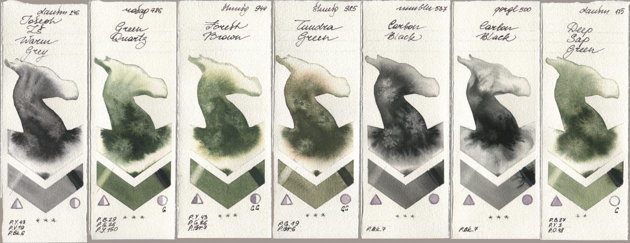 Daniel Smith 246 Joseph Zs Warm Grey, Rosa Gallery 786 Green Quartz, Shminke Horadam Aquarell 944 Forest Brown, 985 Tundra Green, Maimeri Blu 537 Carbon Black, Golden QOR 500 Carbon Black, 175 Deep Sap Gre watercolor swatch