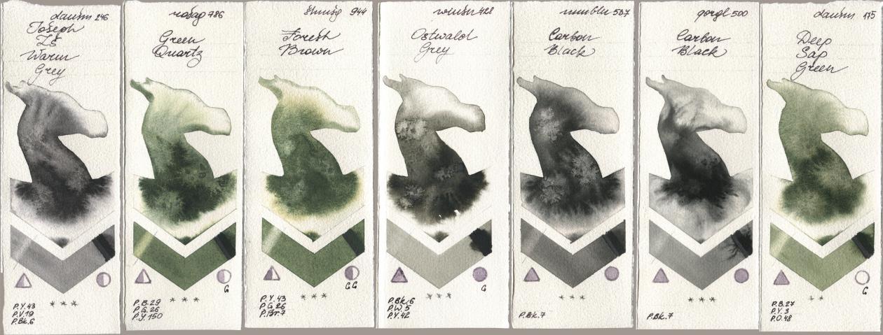Daniel Smith 246 Joseph Zs Warm Grey, Rosa Gallery 786 Green Quartz, Shminke Horadam Aquarell 944 Forest Brown, Winsor & Newton Professional 428 Ostwald Grey, Maimeri Blu 537 Carbon Black, Golden QOR 500 Carbon Black, 175 Deep Sap Gre watercolor swatch