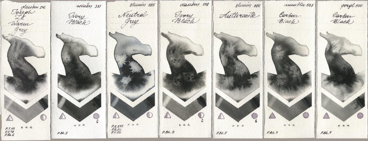 Daniel Smith 246 Joseph Zs Warm Grey, Winsor & Newton Professional 331 Ivory Black, Shminke Horadam Aquarell 785 Neutral Grey, 048 Ivory Black, 786 Anthracite, Maimeri Blu 537 Carbon Black, Golden QOR 500 Carbon Bla watercolor swatch