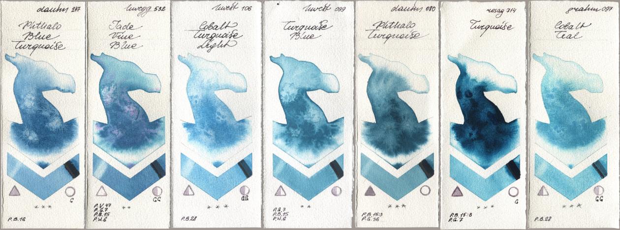 Daniel Smith 247 Phthalo Blue Turquoise, Holbein Artists Watercolor 532 Jade Vine Blue, 106 Cobalt Turquoise Light, 099 Turquoise Blue, 080 Phthalo Turquoise, Rosa Gallery 714 Turquoise, M. Graham & Co. Artists 097 Cobalt Te watercolor swatch