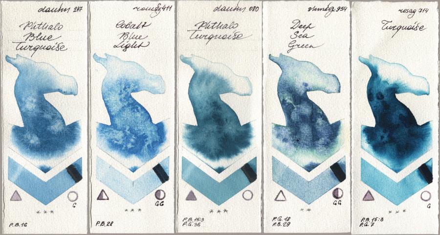 Daniel Smith 247 Phthalo Blue Turquoise, Roman Szmal Aquarius 411 Cobalt Blue Light, 080 Phthalo Turquoise, Shminke Horadam Aquarell 954 Deep Sea Green, Rosa Gallery 714 Turquoi watercolor swatch