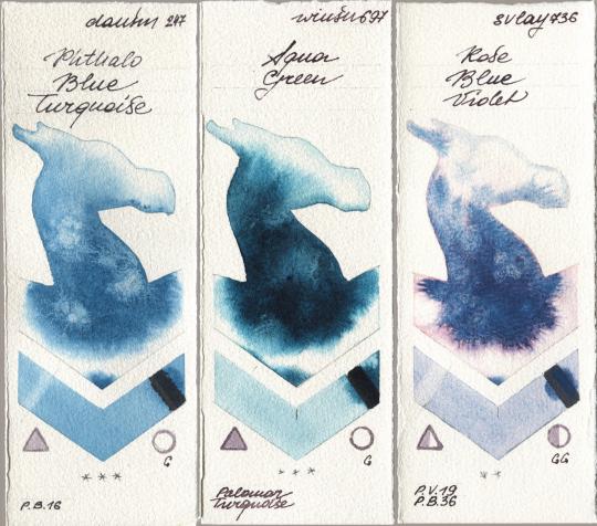 Daniel Smith 247 Phthalo Blue Turquoise, Winsor & Newton Professional 697 Aqua Green, SuperVision 736 Rose Blue Viol watercolor swatch