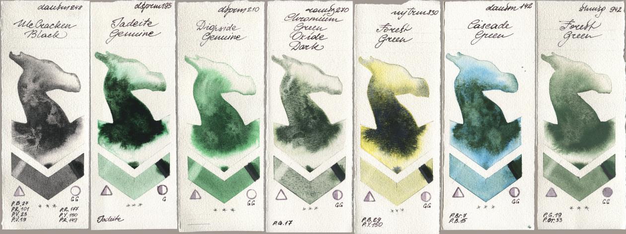 Daniel Smith 248 McCracken Black, 195 Jadeite Genuine, 210 Diopside Genuine, Roman Szmal Aquarius 270 Chromium Green Oxide Dark, Mijello Mission Gold 830 Forest Green, 142 Cascade Green, Shminke Horadam Aquarell 942 Forest Gre watercolor swatch