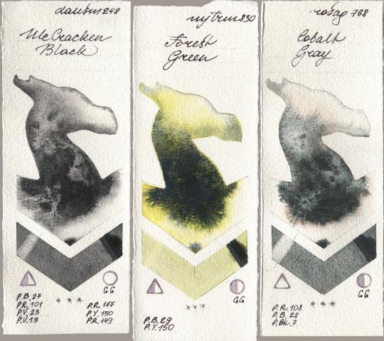 Daniel Smith 248 McCracken Black, Mijello Mission Gold 830 Forest Green, Rosa Gallery 768 Cobalt Gr watercolor swatch