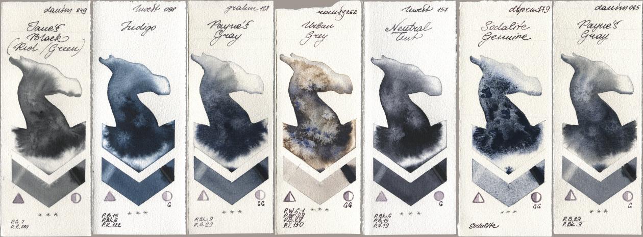 Daniel Smith 249 Janes Black (Red/Green), Holbein Artists Watercolor 098 Indigo, M. Graham & Co. Artists 128 Payne’s Gray, Roman Szmal Aquarius 262 Urban Grey, 157 Neutral Tint, 179 Sodalite Genuine, 065 Paynes Gr watercolor swatch