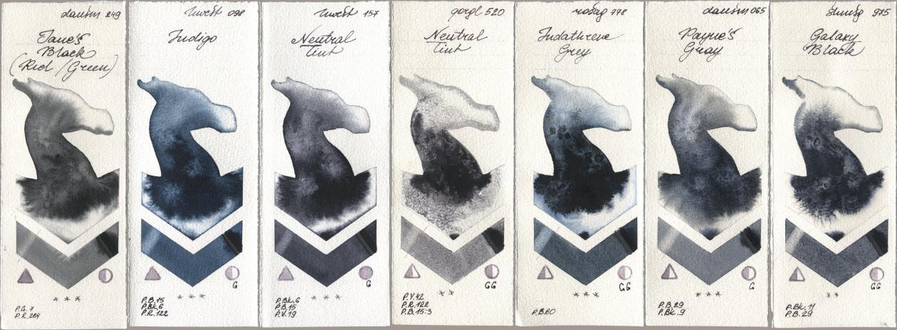 Daniel Smith 249 Janes Black (Red/Green), Holbein Artists Watercolor 098 Indigo, 157 Neutral Tint, Golden QOR 520 Neutral Tint, Rosa Gallery 778 Indanthrene Grey, 065 Paynes Gray, Shminke Horadam Aquarell 975 Galaxy Bla watercolor swatch