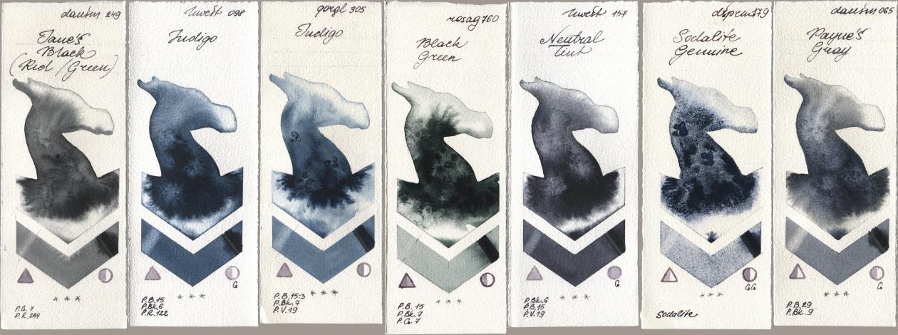 Daniel Smith 249 Janes Black (Red/Green), Holbein Artists Watercolor 098 Indigo, Golden QOR 305 Indigo, Rosa Gallery 760 Black Green, 157 Neutral Tint, 179 Sodalite Genuine, 065 Paynes Gr watercolor swatch