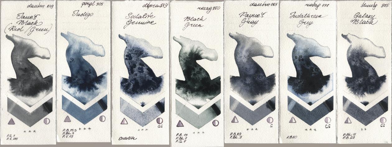 Daniel Smith 249 Janes Black (Red/Green), Golden QOR 305 Indigo, 179 Sodalite Genuine, Rosa Gallery 760 Black Green, 065 Paynes Gray, 778 Indanthrene Grey, Shminke Horadam Aquarell 975 Galaxy Bla watercolor swatch