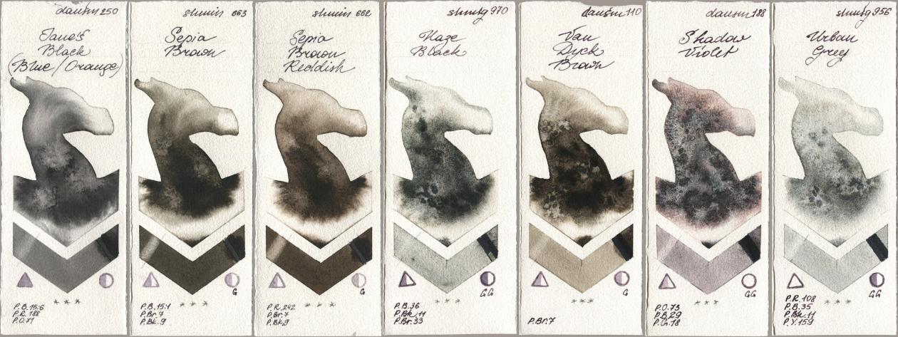 Daniel Smith 250 Janes Black (Blue/Orange), Shminke Horadam Aquarell 663 Sepia Brown, 662 Sepia Brown Reddish, 970 Haze Black, 110 Van Dyck Brown, 188 Shadow Violet, 956 Urban Gr watercolor swatch