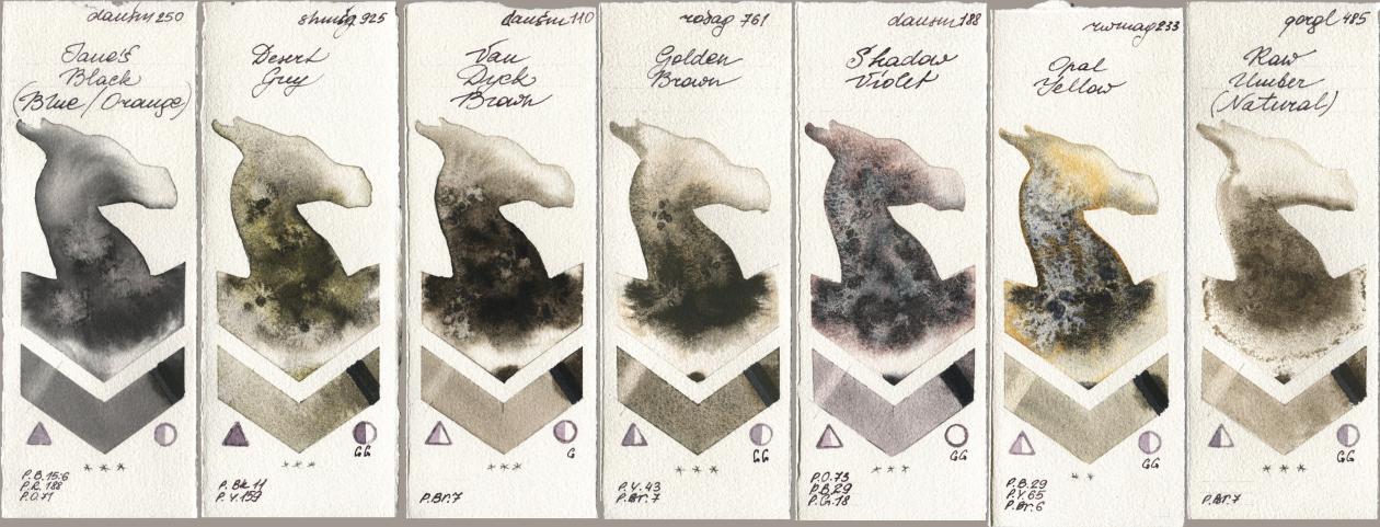 Daniel Smith 250 Janes Black (Blue/Orange), Shminke Horadam Aquarell 925 Desert Grey, 110 Van Dyck Brown, Rosa Gallery 761 Golden Brown, 188 Shadow Violet, Rockwell 233 Opal Yellow, Golden QOR 485 Raw Umber (Natura watercolor swatch