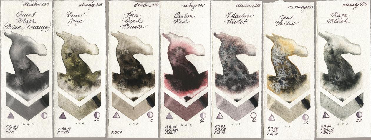 Daniel Smith 250 Janes Black (Blue/Orange), Shminke Horadam Aquarell 925 Desert Grey, 110 Van Dyck Brown, Rosa Gallery 769 Carbon Red, 188 Shadow Violet, Rockwell 233 Opal Yellow, 970 Haze Bla watercolor swatch