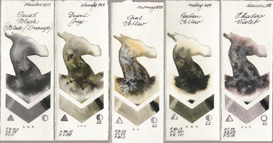 Daniel Smith 250 Janes Black (Blue/Orange), Shminke Horadam Aquarell 925 Desert Grey, Rockwell 233 Opal Yellow, Rosa Gallery 788 Carbon Yellow, 188 Shadow Viol watercolor swatch