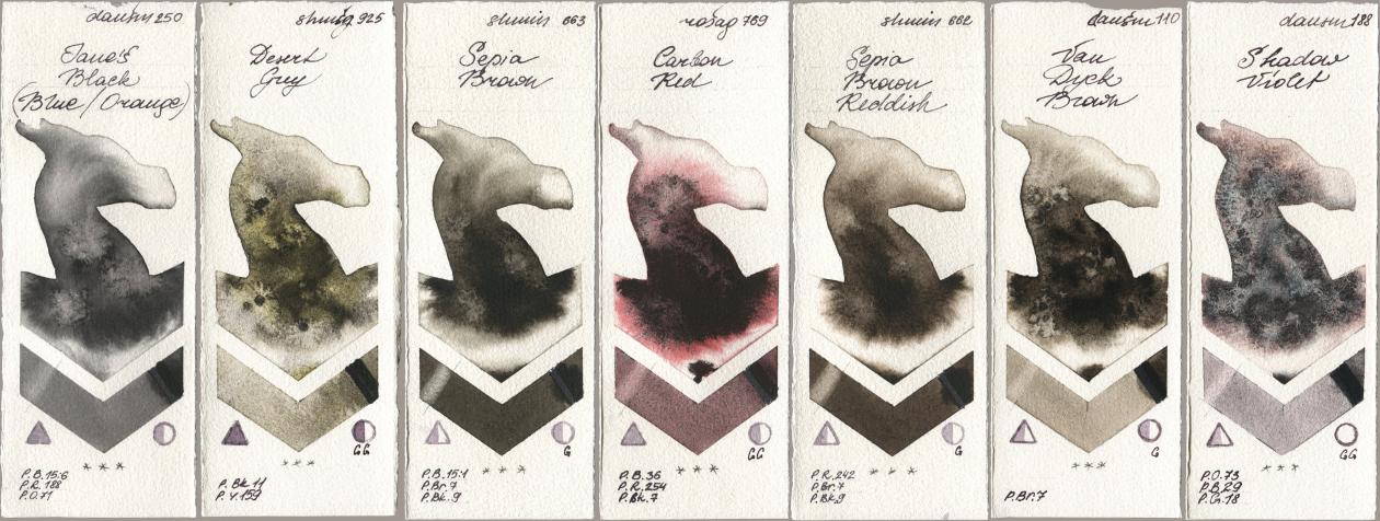 Daniel Smith 250 Janes Black (Blue/Orange), Shminke Horadam Aquarell 925 Desert Grey, 663 Sepia Brown, Rosa Gallery 769 Carbon Red, 662 Sepia Brown Reddish, 110 Van Dyck Brown, 188 Shadow Viol watercolor swatch