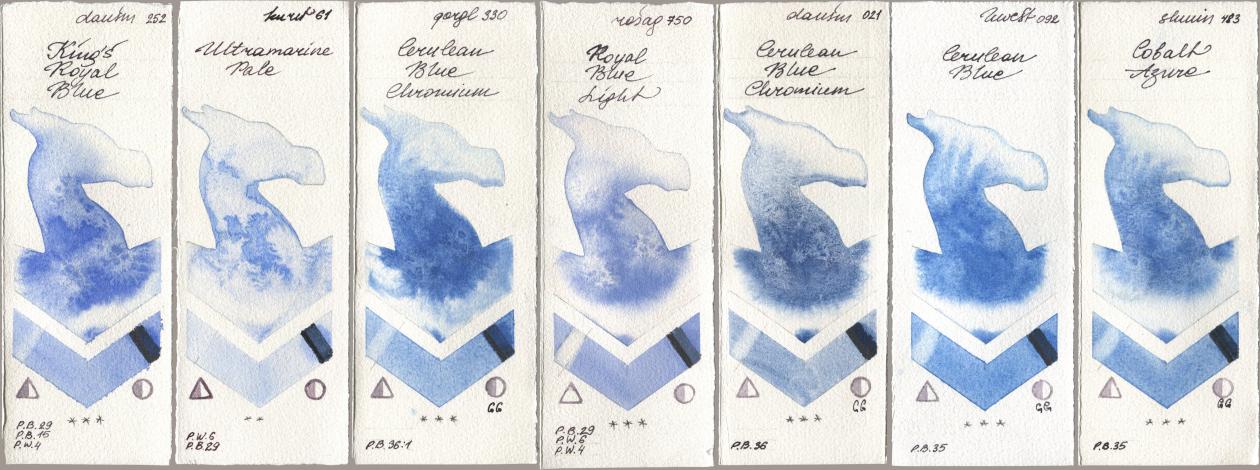 Daniel Smith 252 King’s Royal Blue, Kuretake Gansai Tambi 061 Ultramarine Pale, Golden QOR 330 Cerulean Blue, Chromium, Rosa Gallery 750 Royal Blue Light, 021 Cerulean Blue Chromium, Holbein Artists Watercolor 092 Cerulean Blue, Shminke Horadam Aquarell 483 Cobalt Azu watercolor swatch