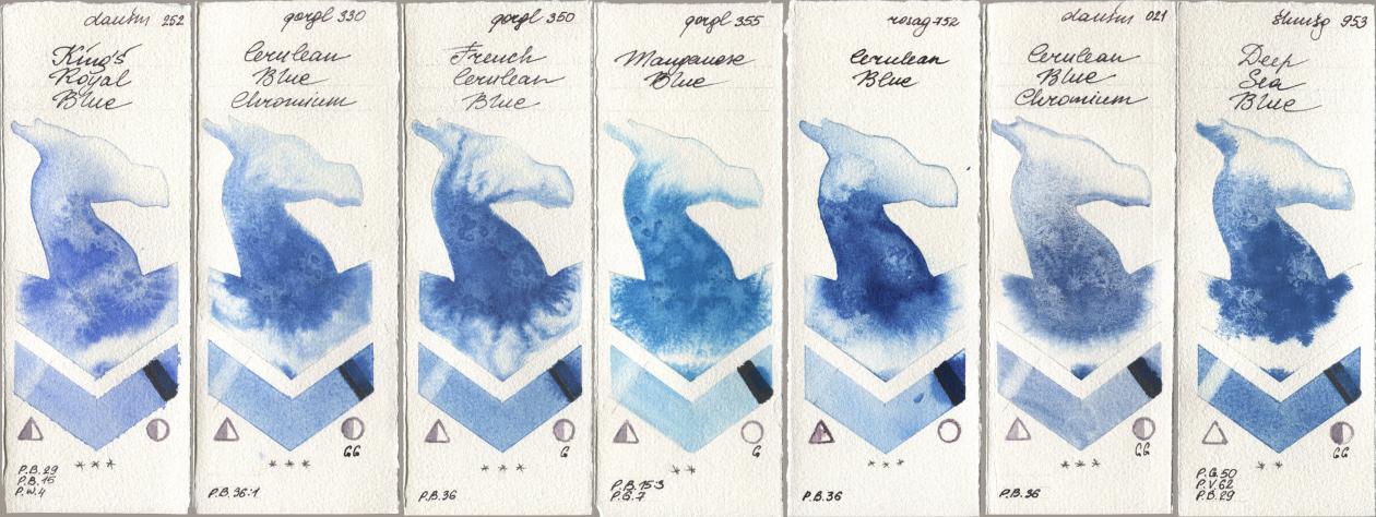 Daniel Smith 252 King’s Royal Blue, Golden QOR 330 Cerulean Blue, Chromium, 350 French Cerulean Blue, 355 Manganese Blue, Rosa Gallery 752 Cerulean Blue, 021 Cerulean Blue Chromium, Shminke Horadam Aquarell 953 Deep Sea Bl watercolor swatch